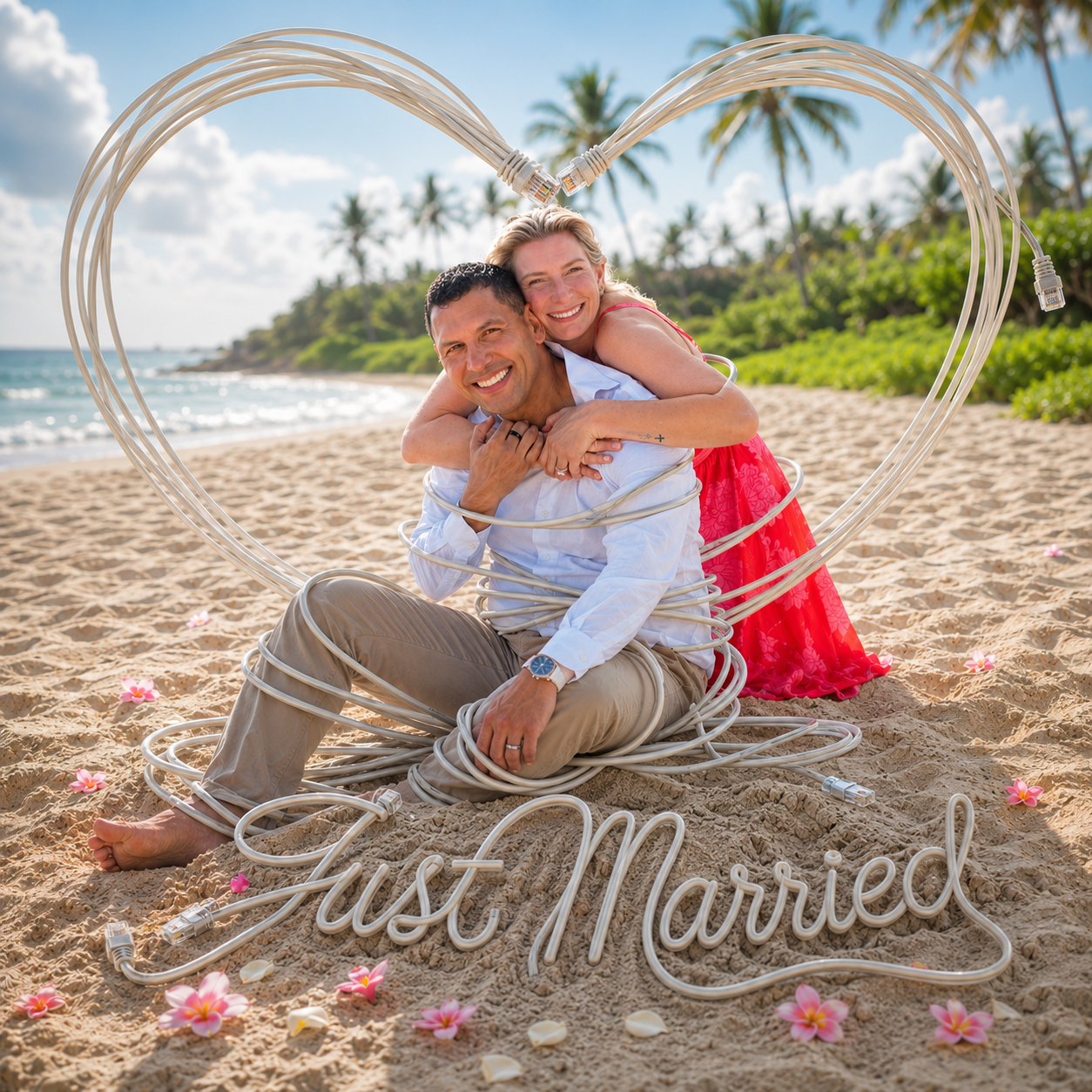 Beach portrait cover art with a cable heart and Just Married written in sand